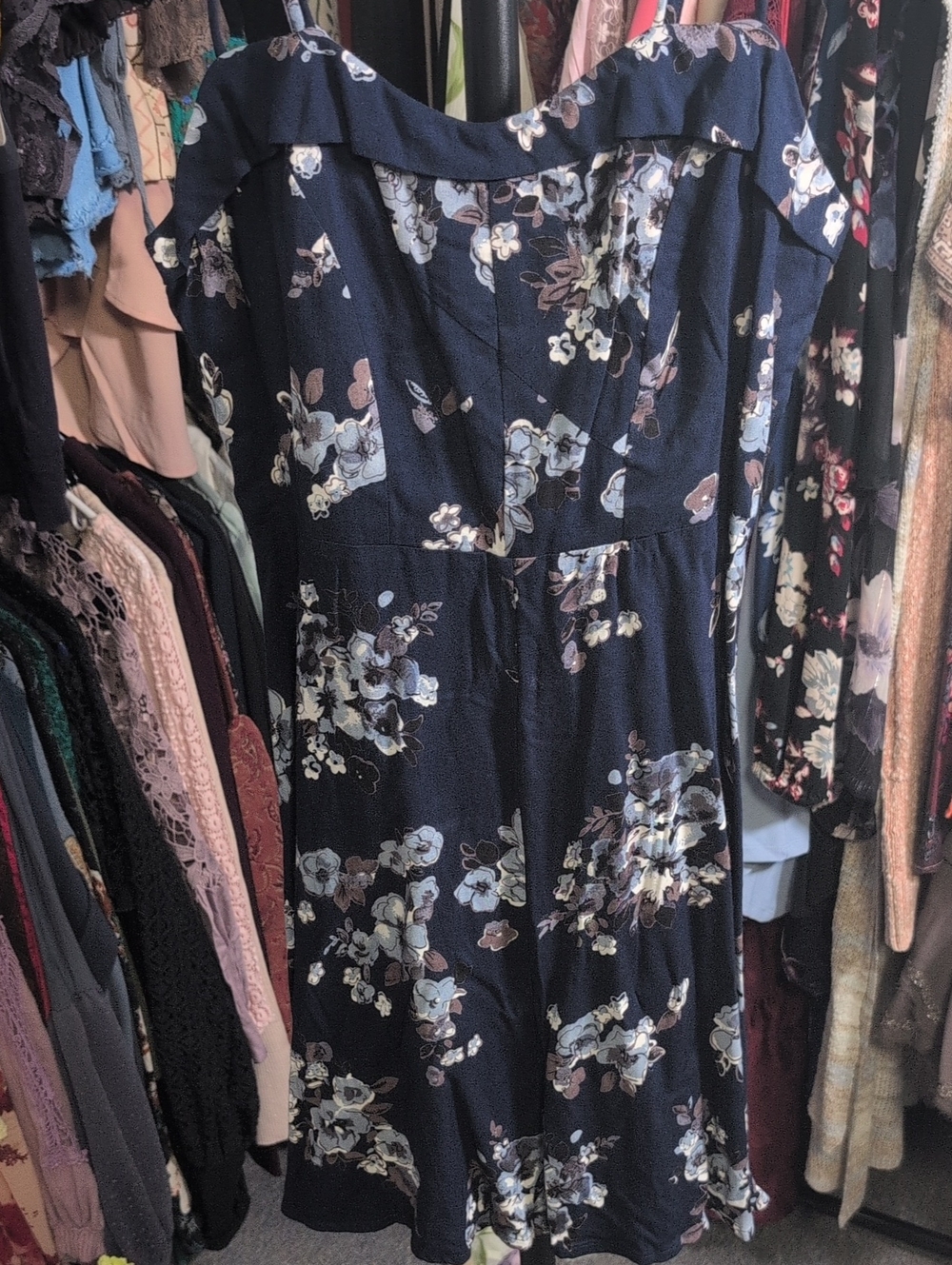 Angie Navy Floral Dress with Light Blue and Cream Flowers NWT
